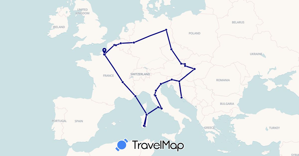 TravelMap itinerary: driving in Austria, Belgium, Czech Republic, Germany, France, Croatia, Hungary, Italy, Slovenia, Slovakia (Europe)